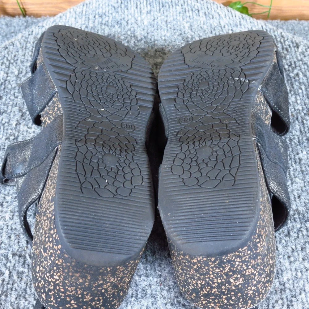 Dansko Stayce Womens Wedge Sandals Sz 38‎ US 7.5-8 Casual Black Metallic Leather